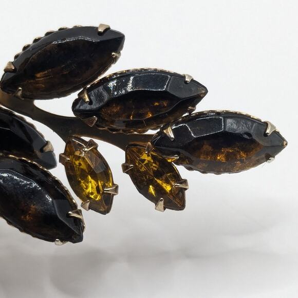 Vintage Large Amber and Yellow AB Glass Rhinestone Gold Tone Flower Brooch - Picture 7 of 9